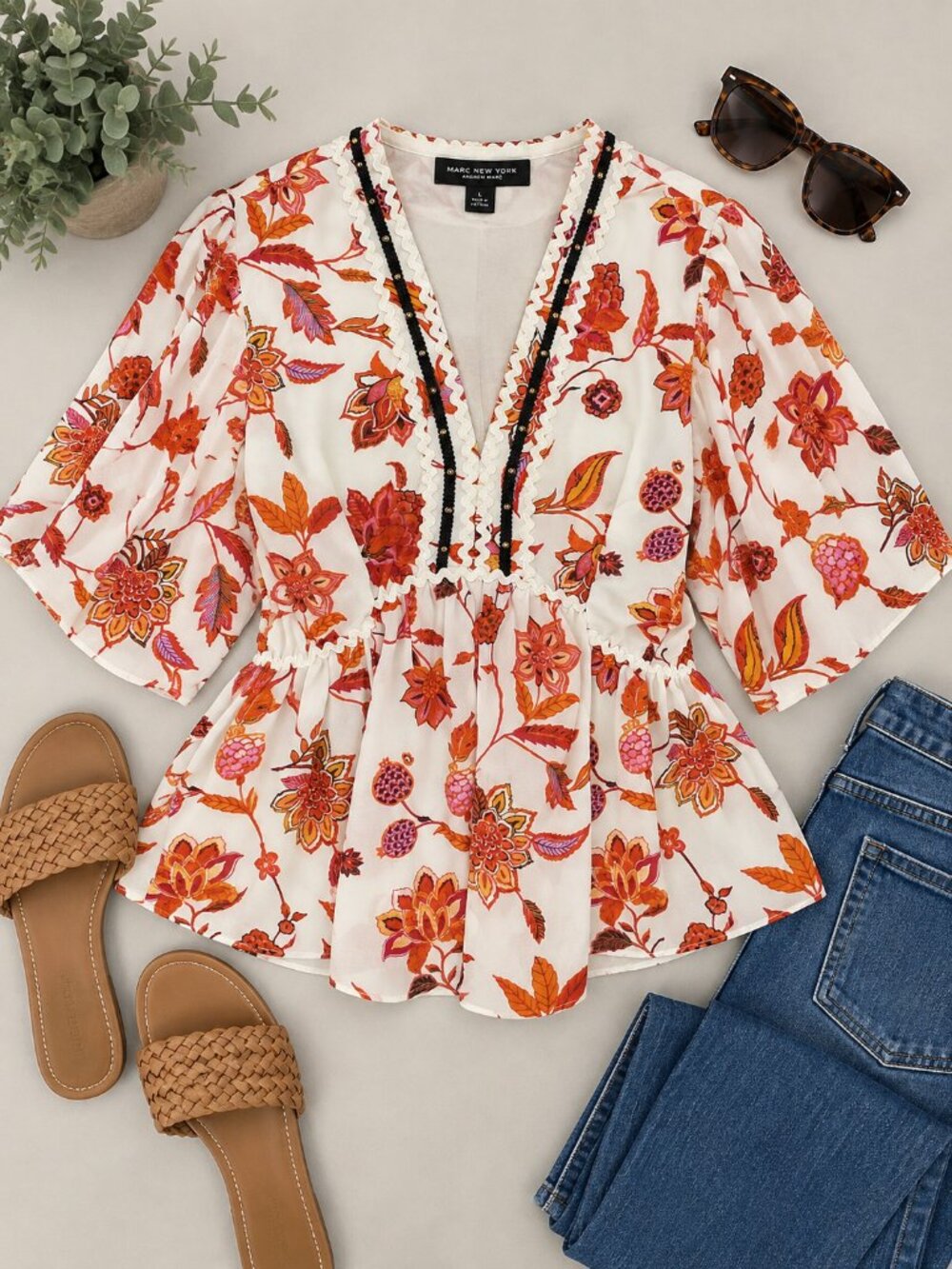 Marc New York Andrew Marc Floral Peplum Blouse L Ric Rac Beaded Boho Top